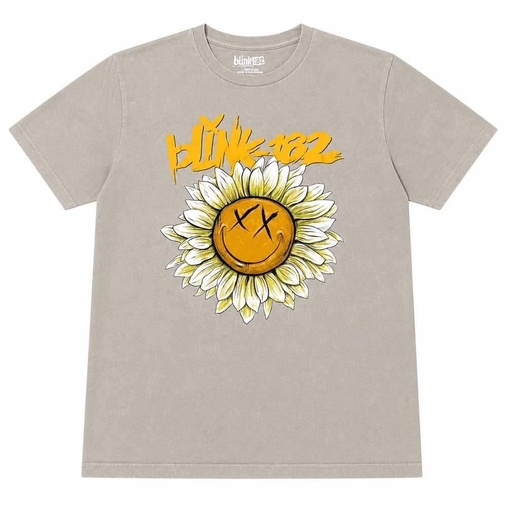 Blink-182 Sunflower Smiley Face Graphic Band T-Shirt Tan Stone Short Sleeve Tee